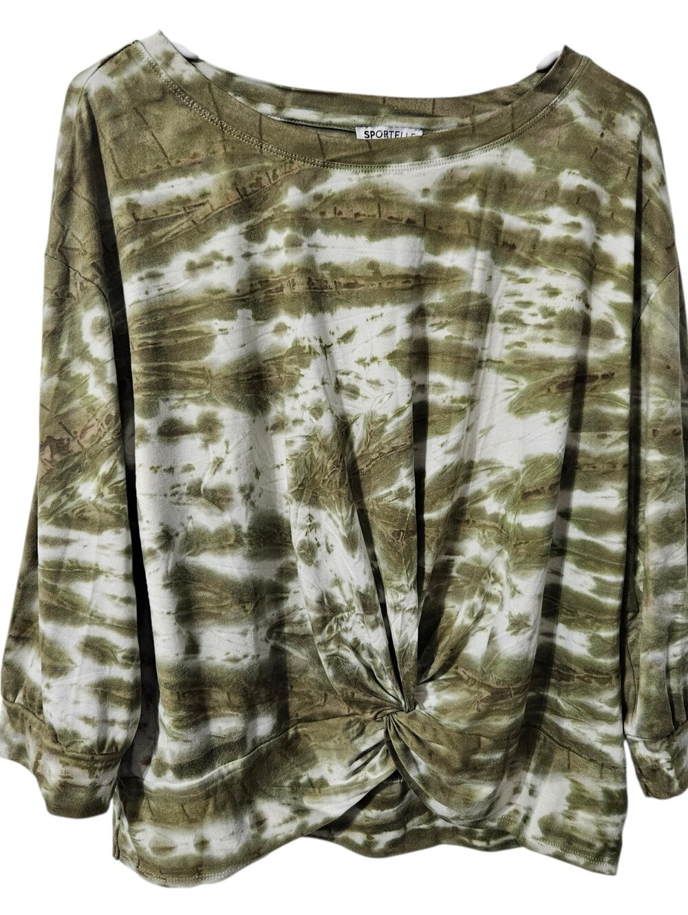 Sportelle Size L Olive Green & White Tie-dye Knit Top With Twisted Front